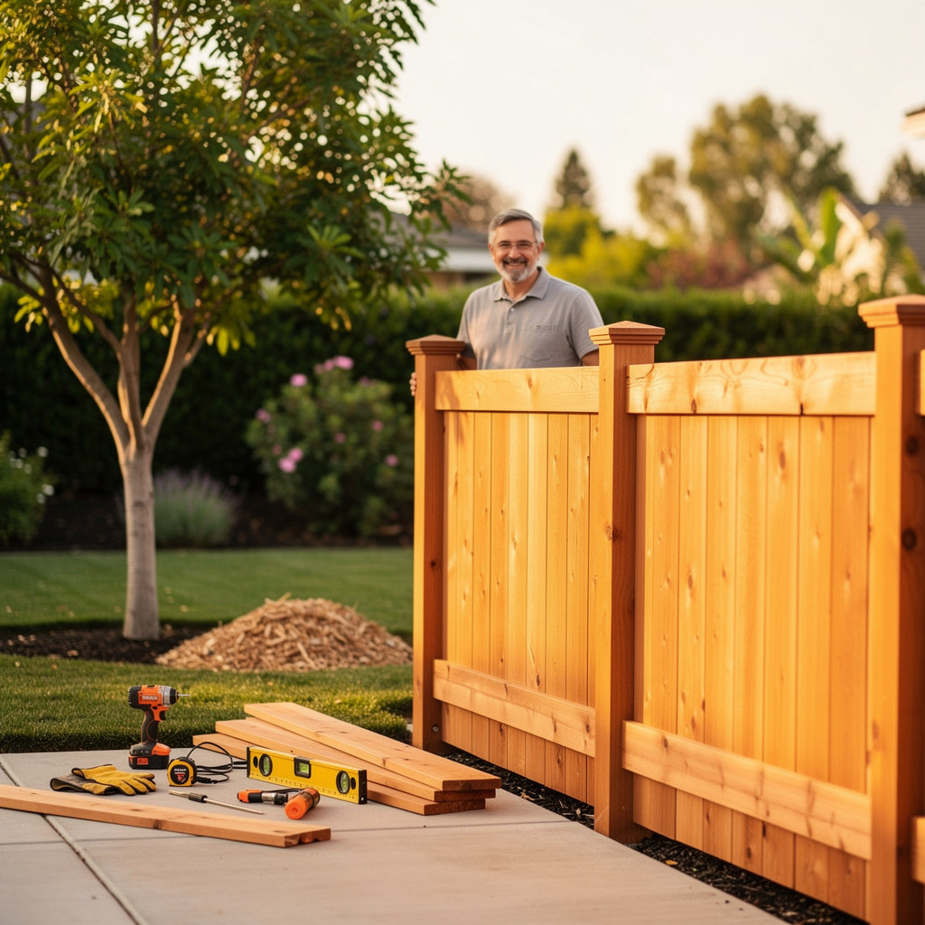 Jorge Salinas Tree Service installing a custom wood privacy fence in Ventura, CA
